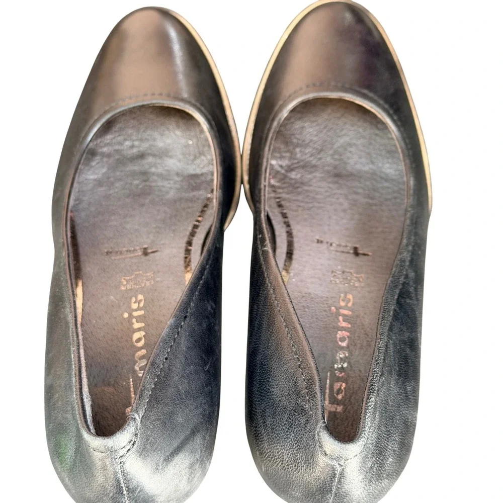 Tamaris Pumps Womens 37 Black Leather Block Heel Round Toe Touch It Office